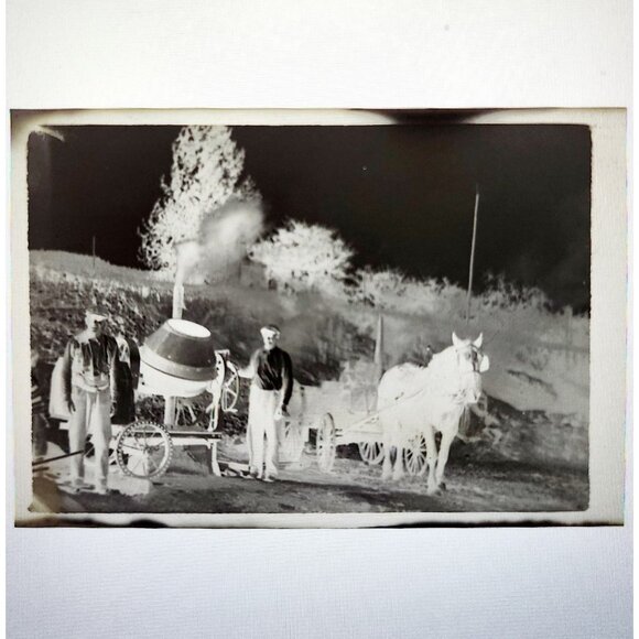 1920s Photograph Negative Original Horses Cement Mixer Carts Transportation C65 - Picture 1 of 1